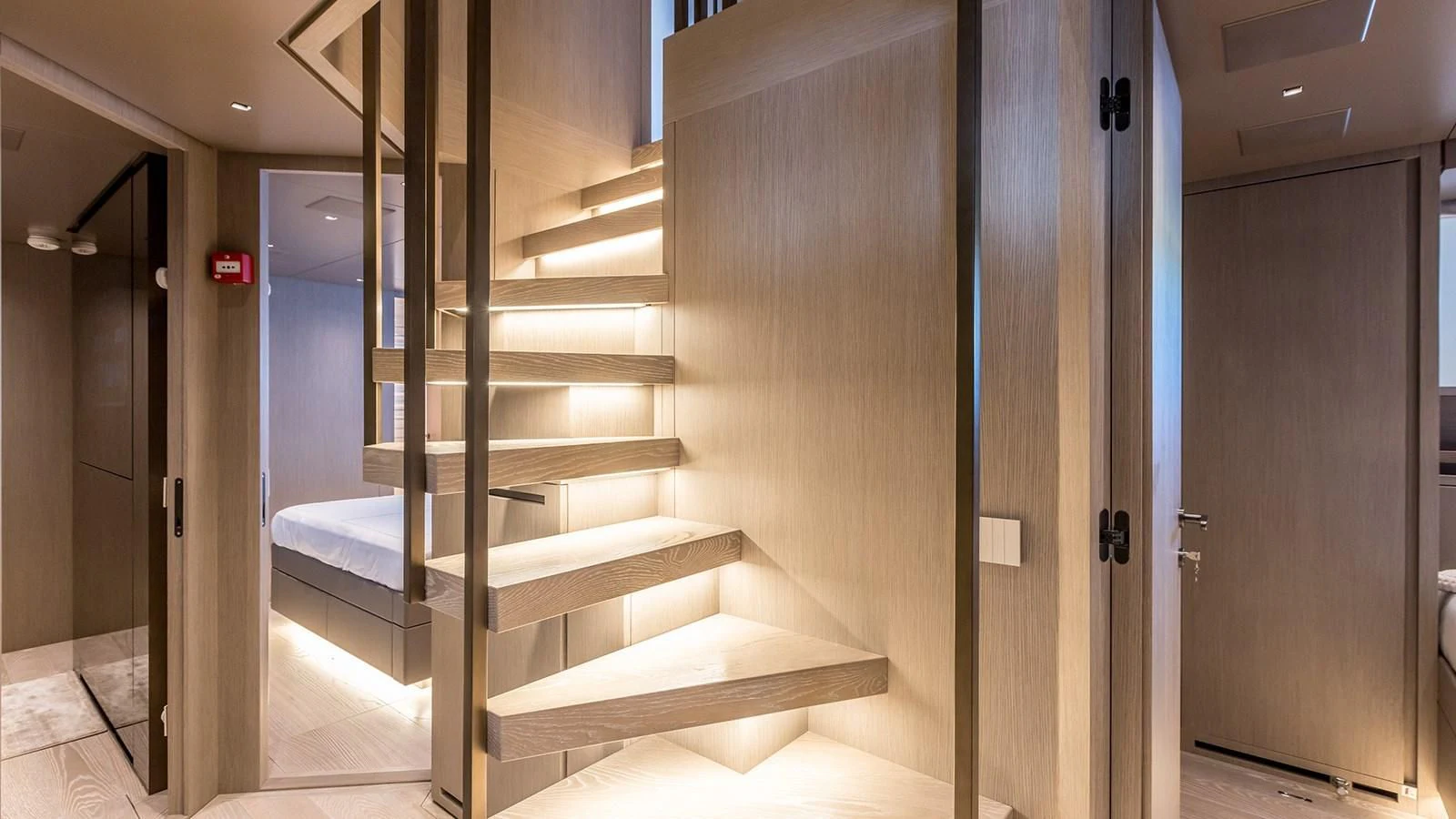 a staircase in a building aboard JICJ Yacht for Sale