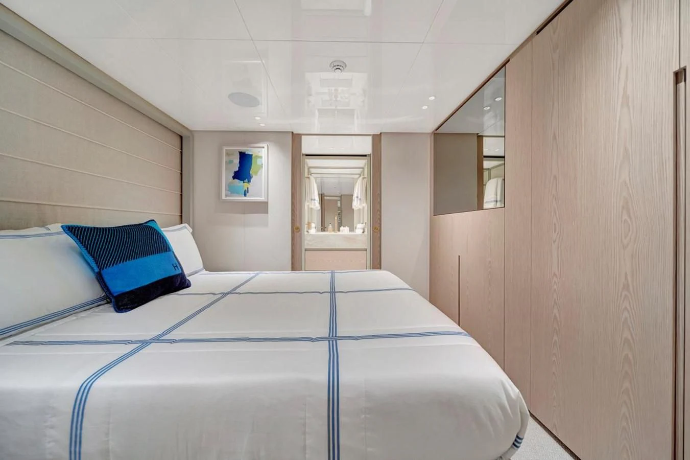 a bed in a room aboard JICJ Yacht for Sale