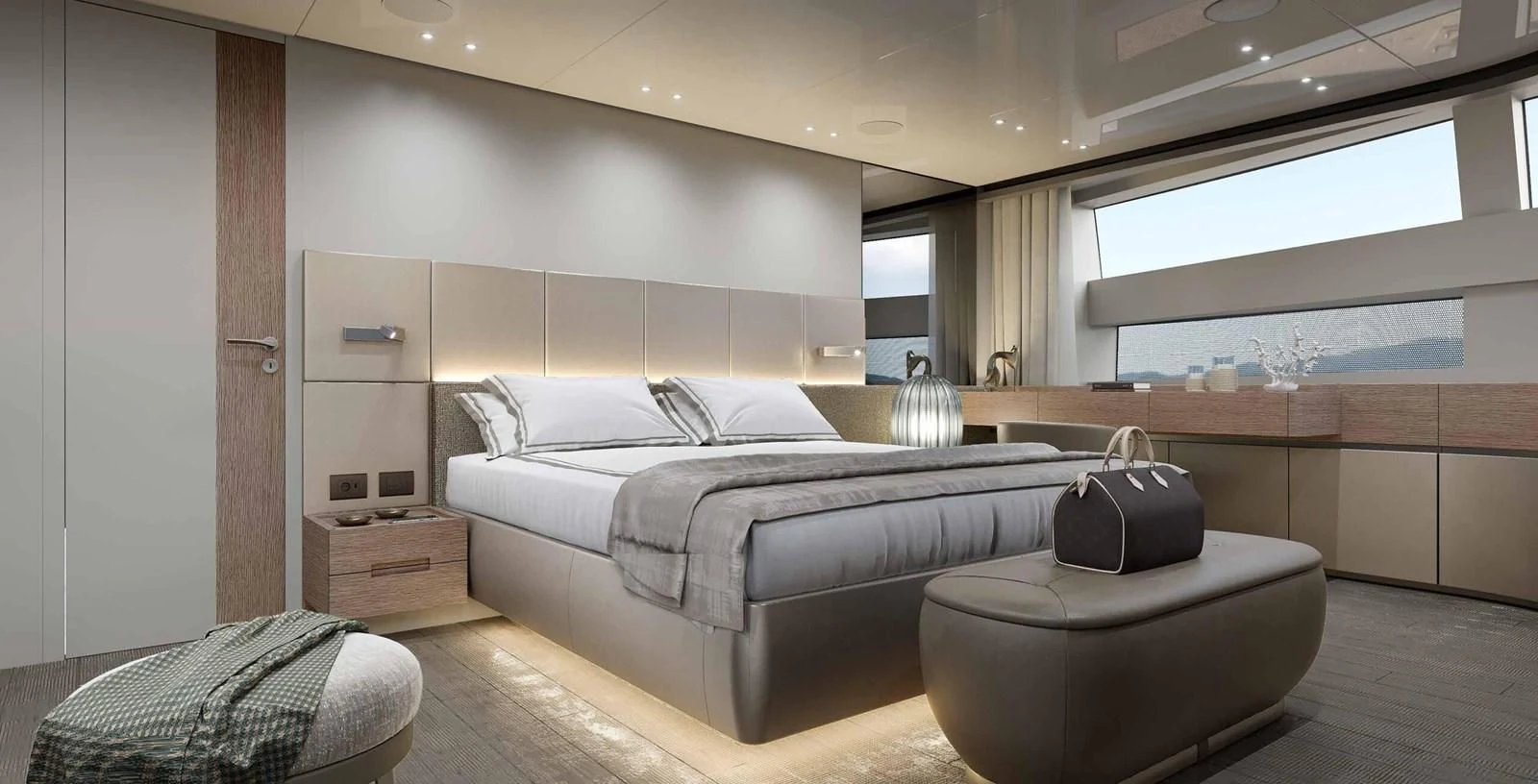 a large bed in a room aboard JICJ Yacht for Sale