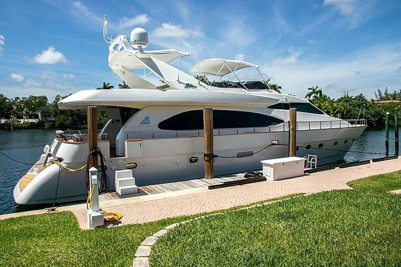 a white yacht docked aboard ALMAR Yacht for Sale