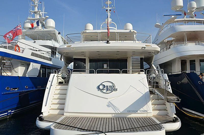 a boat docked at a pier aboard QUO VADIS Yacht for Sale