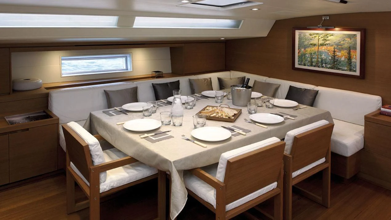 a table with plates and chairs aboard GRILLO PARLANTE Yacht for Sale