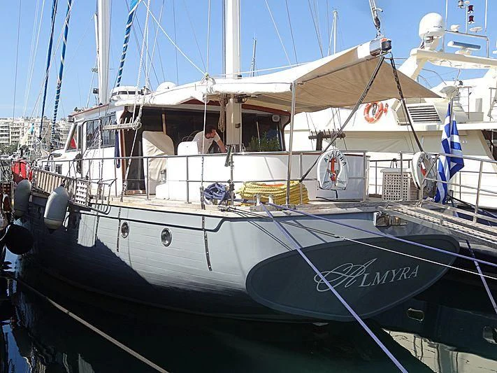 a boat docked at a pier aboard ANEMOS Yacht for Sale