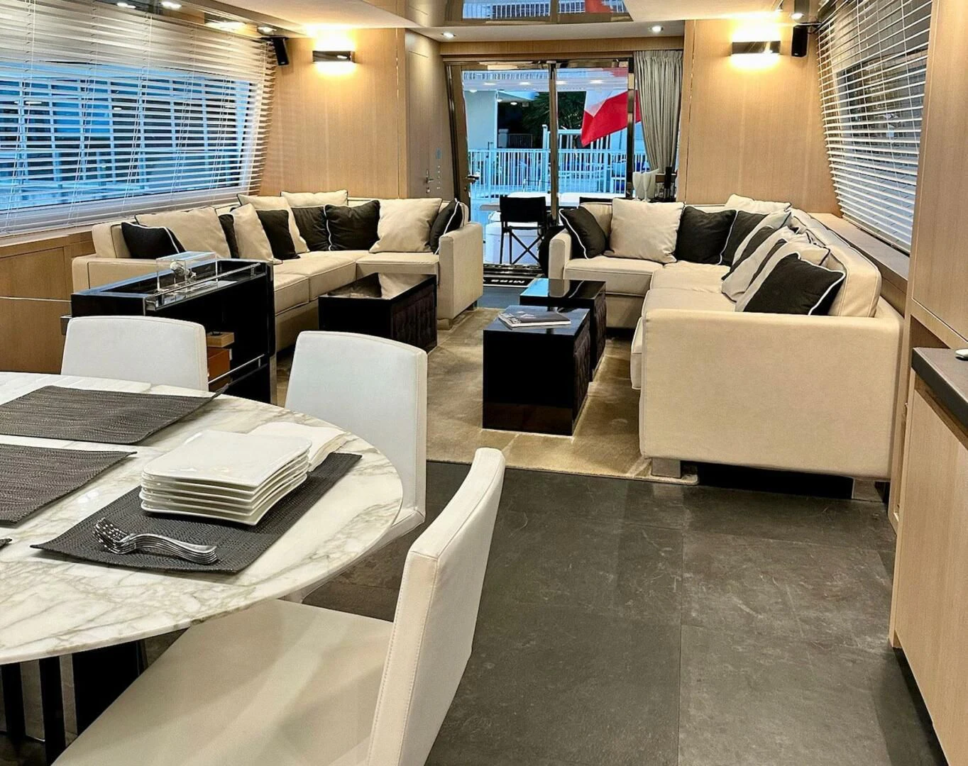 a living room with a couch and a table aboard SEA METRI V Yacht for Sale
