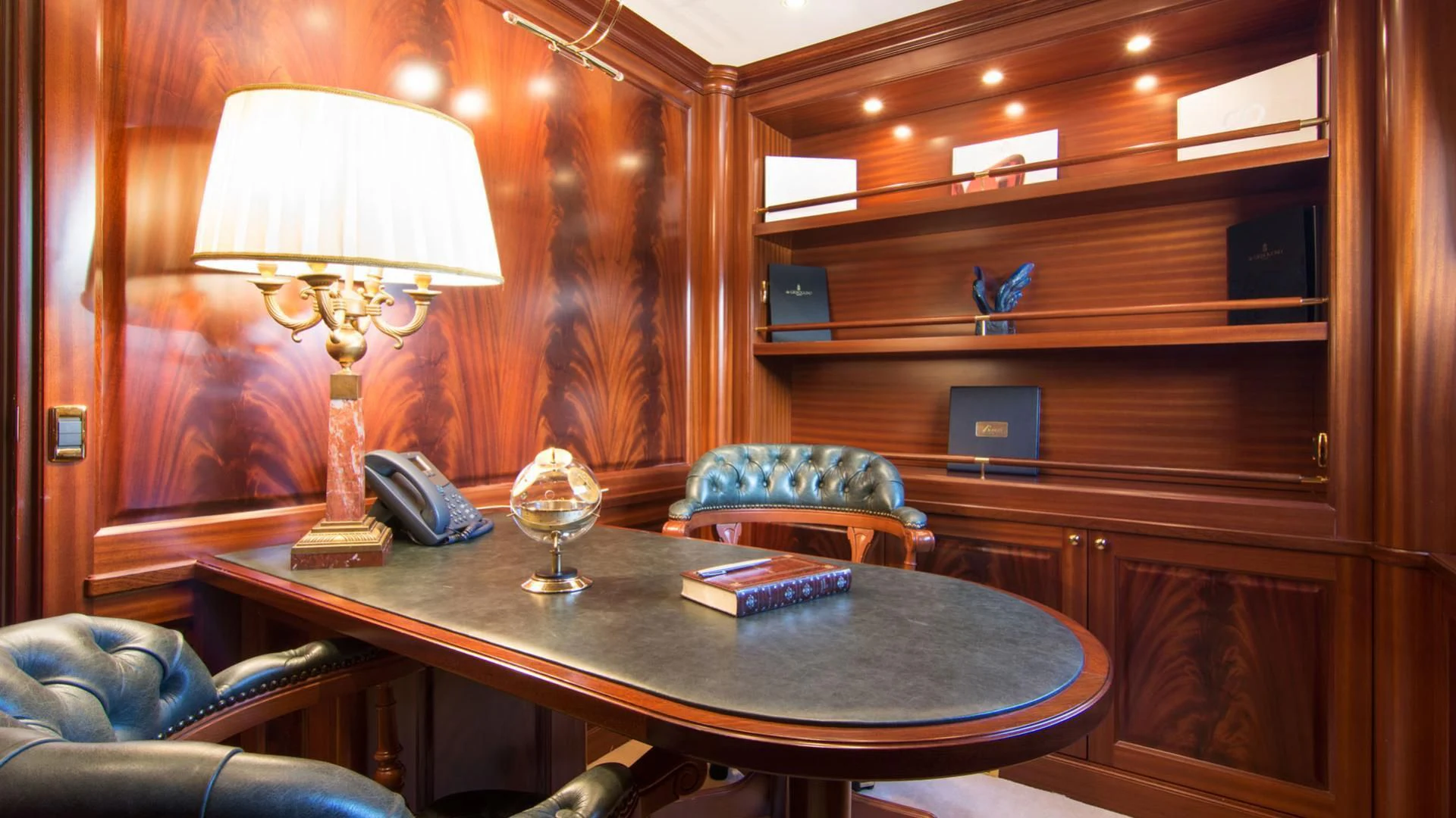 a lamp on a table aboard OPTION B Yacht for Charter