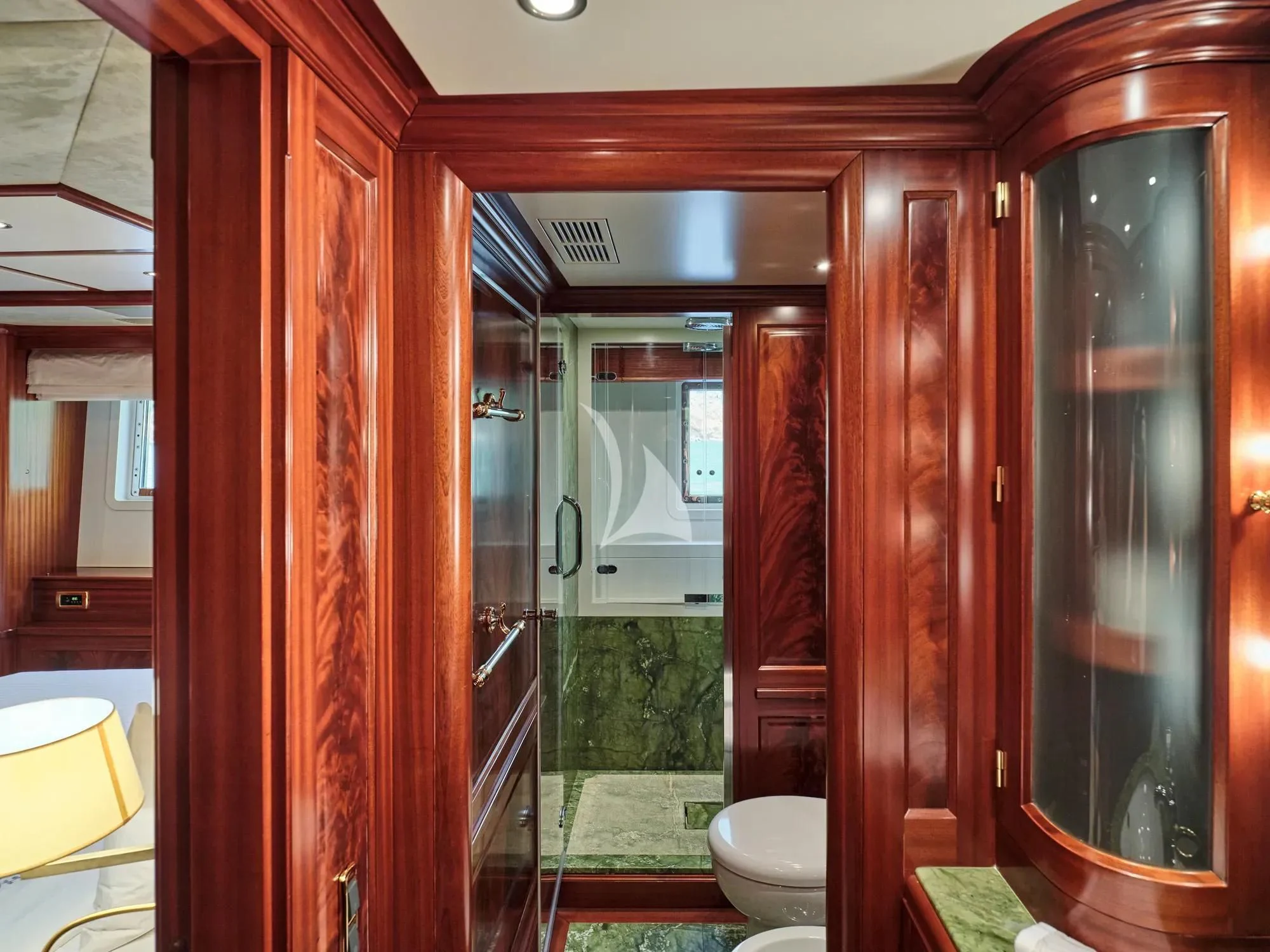 a bathroom with a glass shower aboard OPTION B Yacht for Charter
