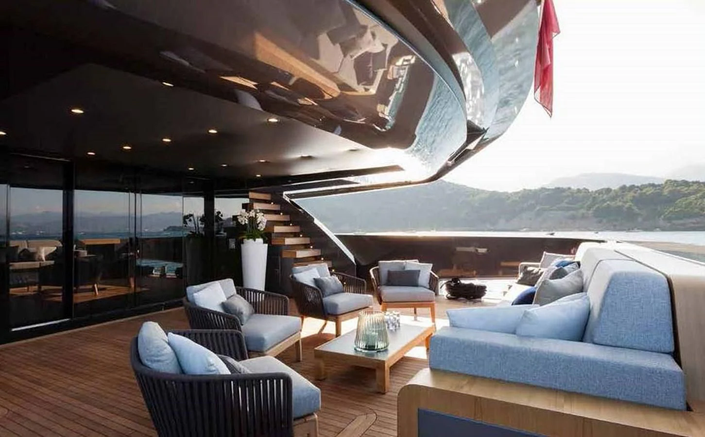 a living room with a large window aboard SIMPLY EIGHT Yacht for Sale