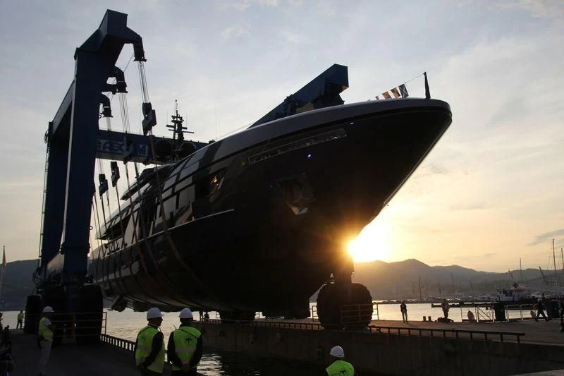 a large ship on a dock aboard SIMPLY EIGHT Yacht for Sale
