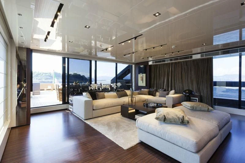 a living room with a large window aboard SIMPLY EIGHT Yacht for Sale