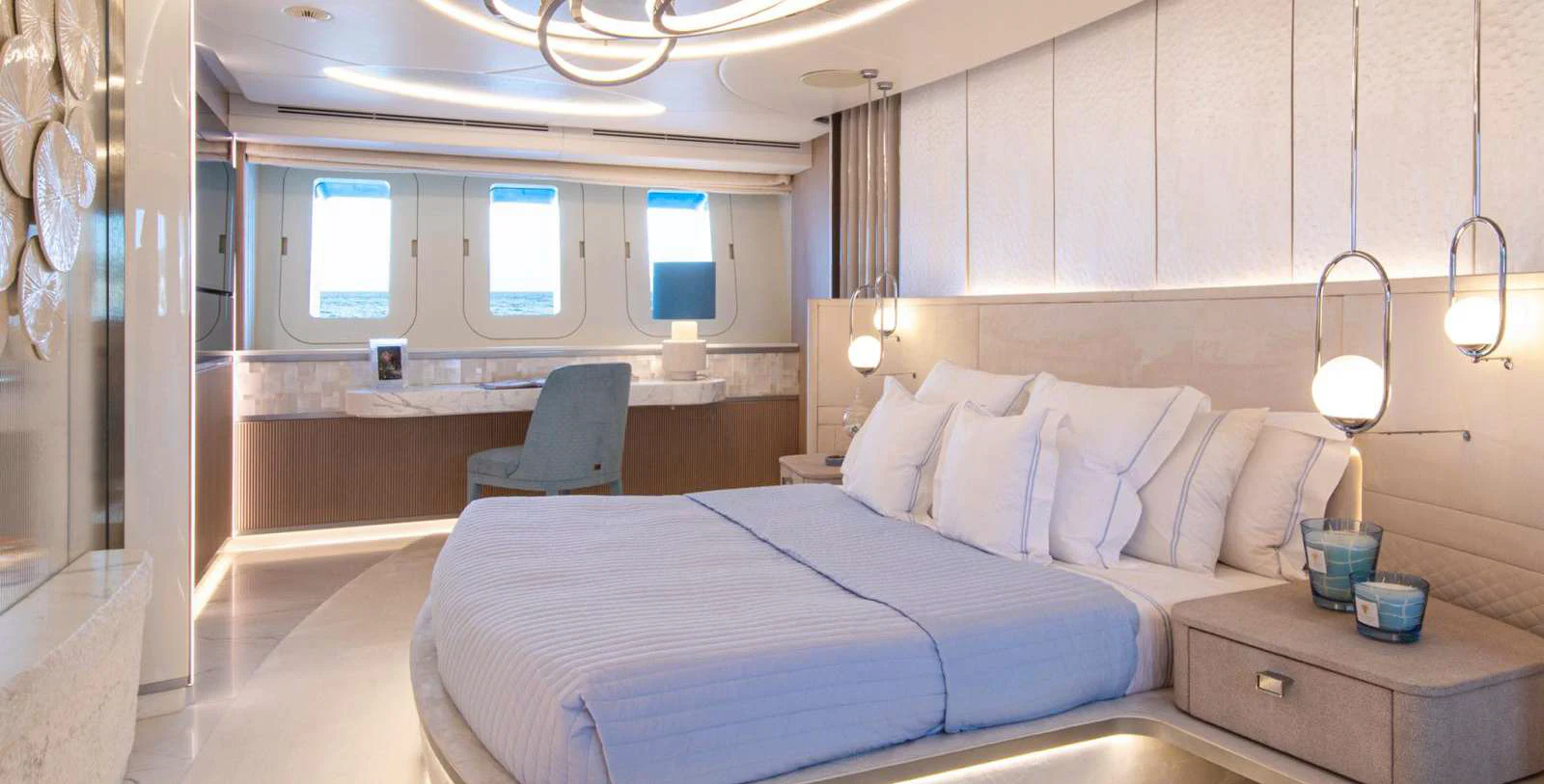 a bed in a room aboard OCEANBIRD Yacht for Sale