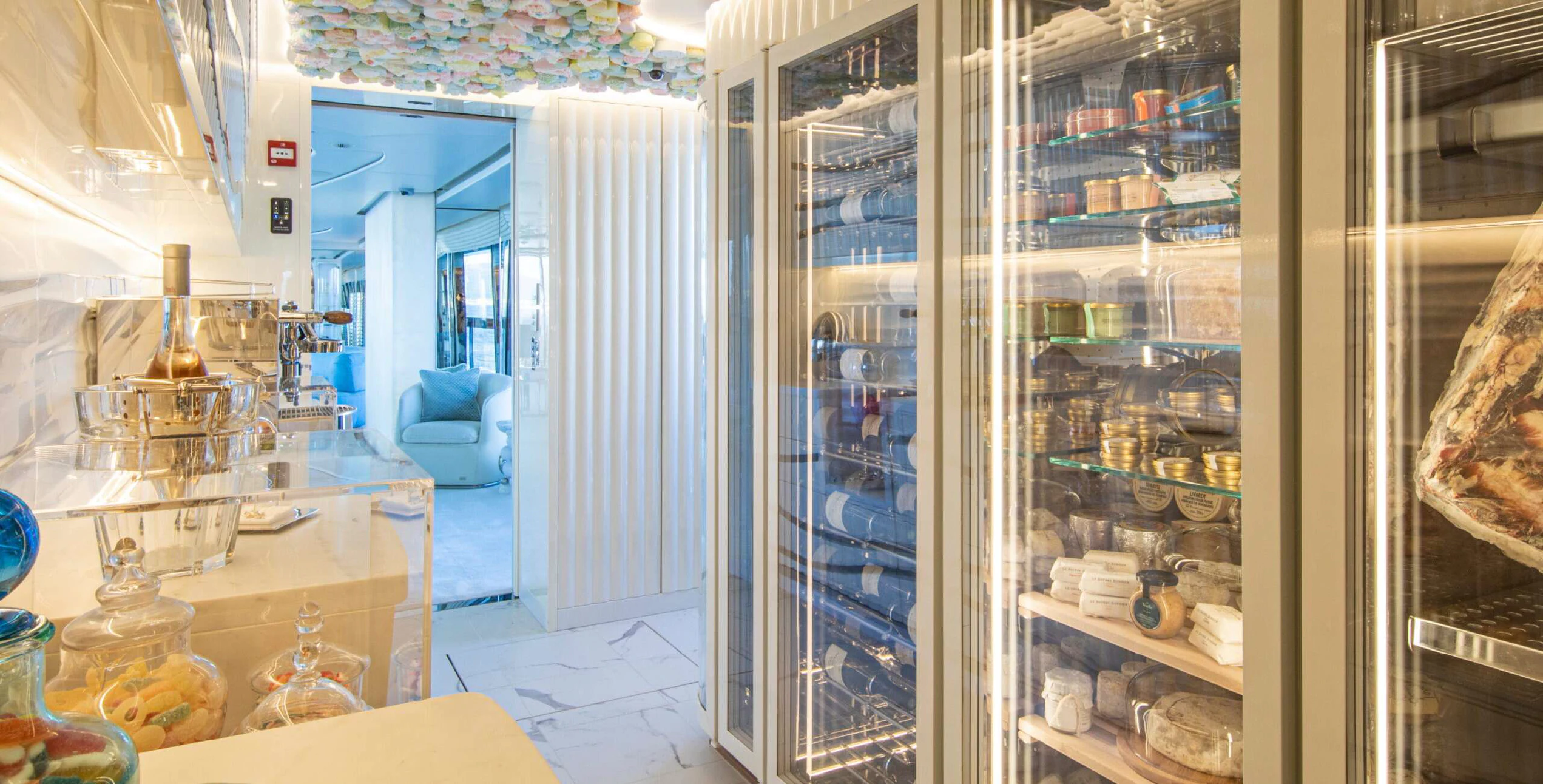 a room with shelves and a glass door aboard OCEANBIRD Yacht for Sale