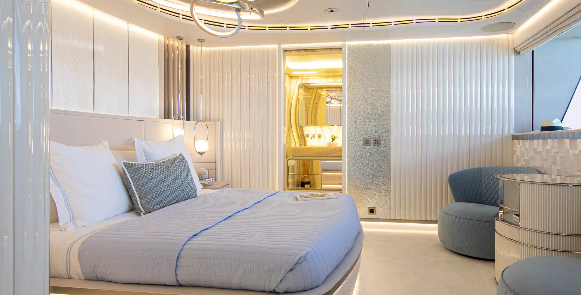 a bed in a room aboard OCEANBIRD Yacht for Sale