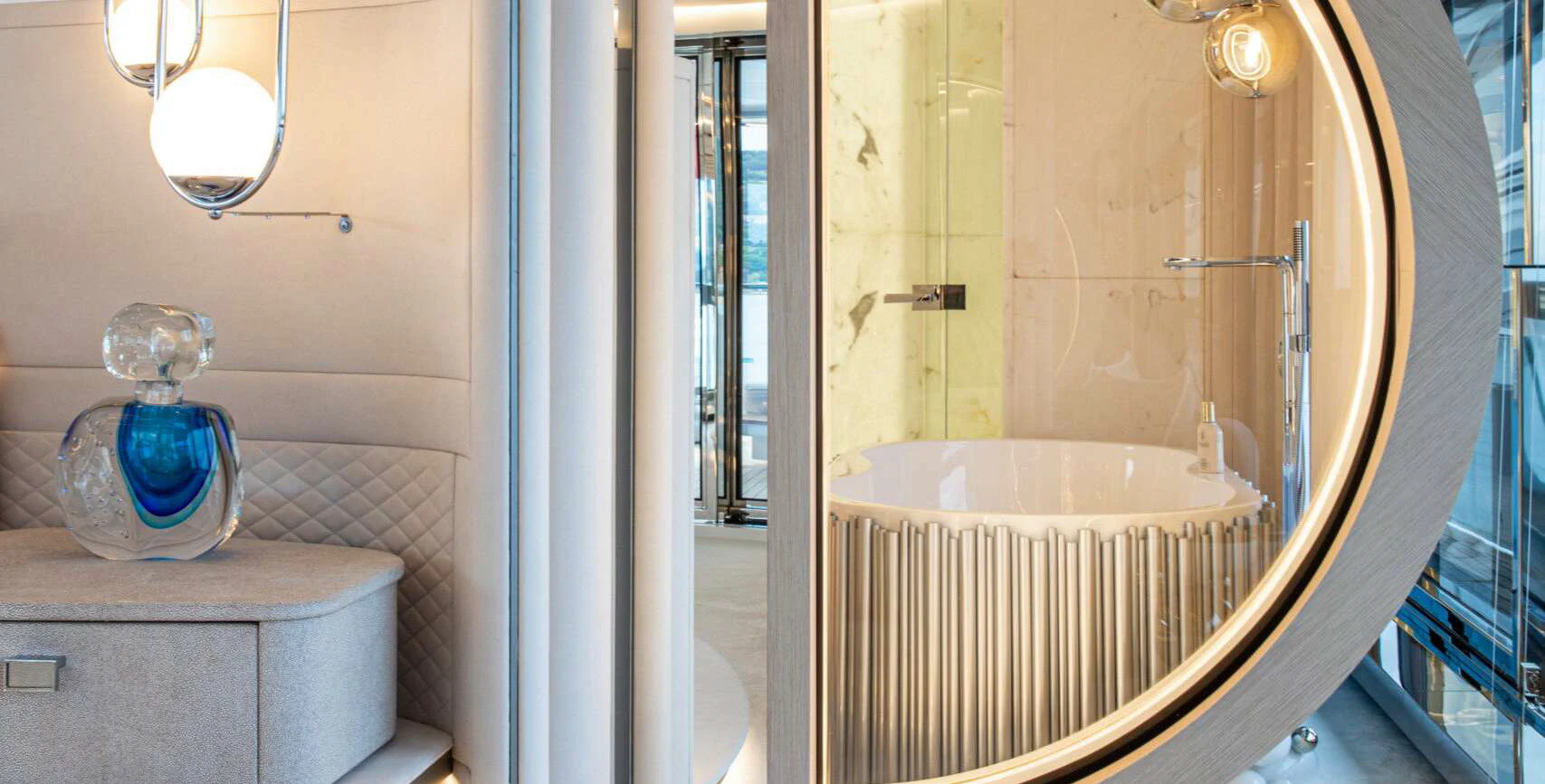a bathroom with a tub and shower aboard OCEANBIRD Yacht for Sale