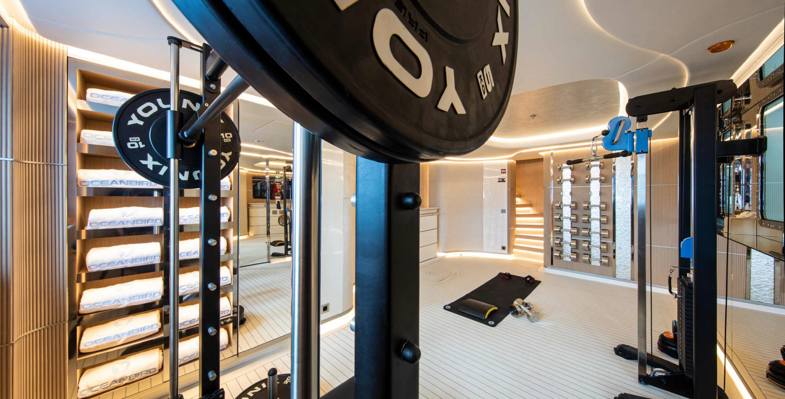 a large room with a large display aboard OCEANBIRD Yacht for Sale