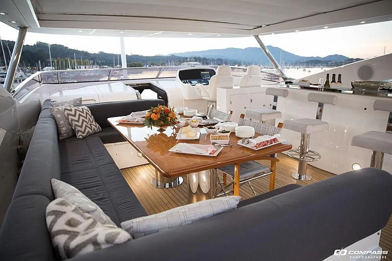 a table on a boat aboard EMRYS Yacht for Sale