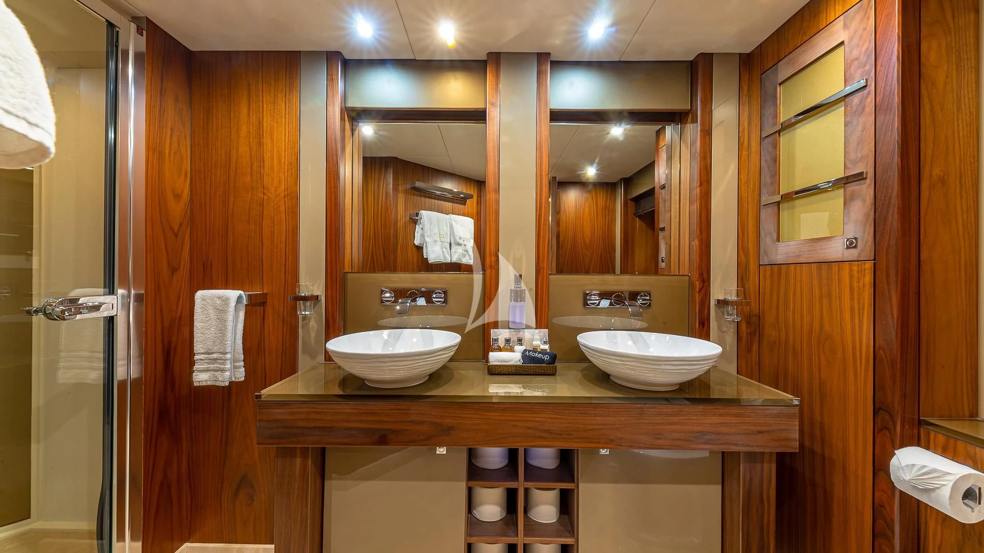 a bathroom with two sinks aboard EMRYS Yacht for Sale