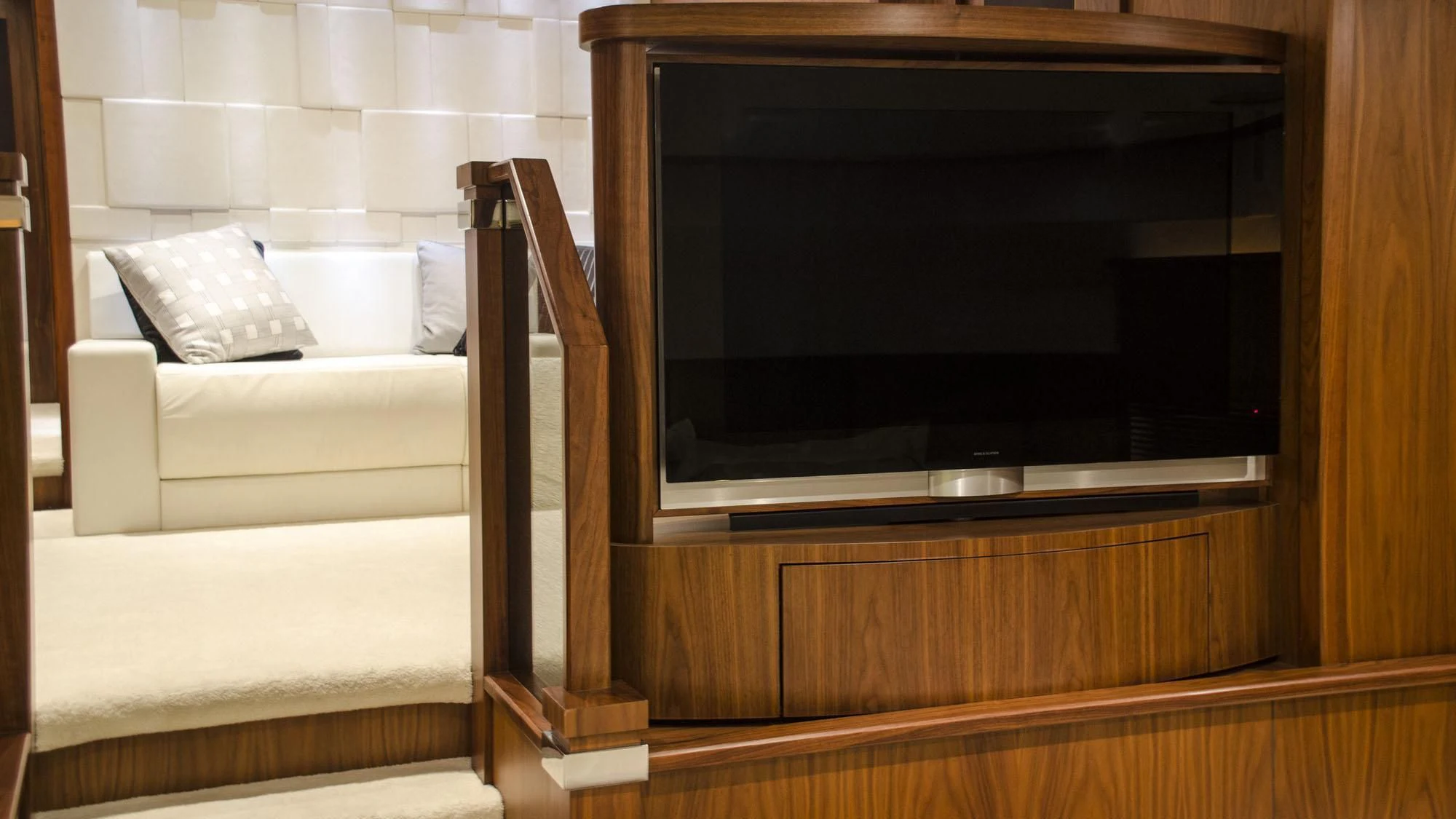 a fireplace in a room aboard EMRYS Yacht for Sale