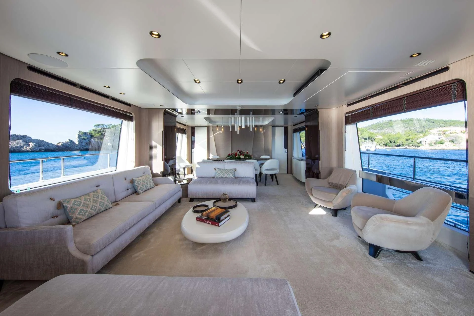 a living room with a large window aboard CLOUDY BAY Yacht for Sale
