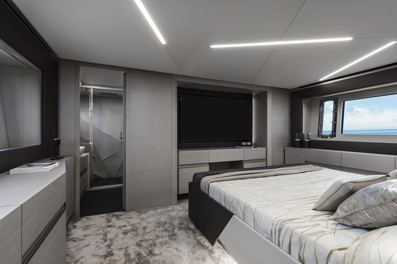 a room with a bed and a tv aboard PERSHING 7X Yacht for Sale