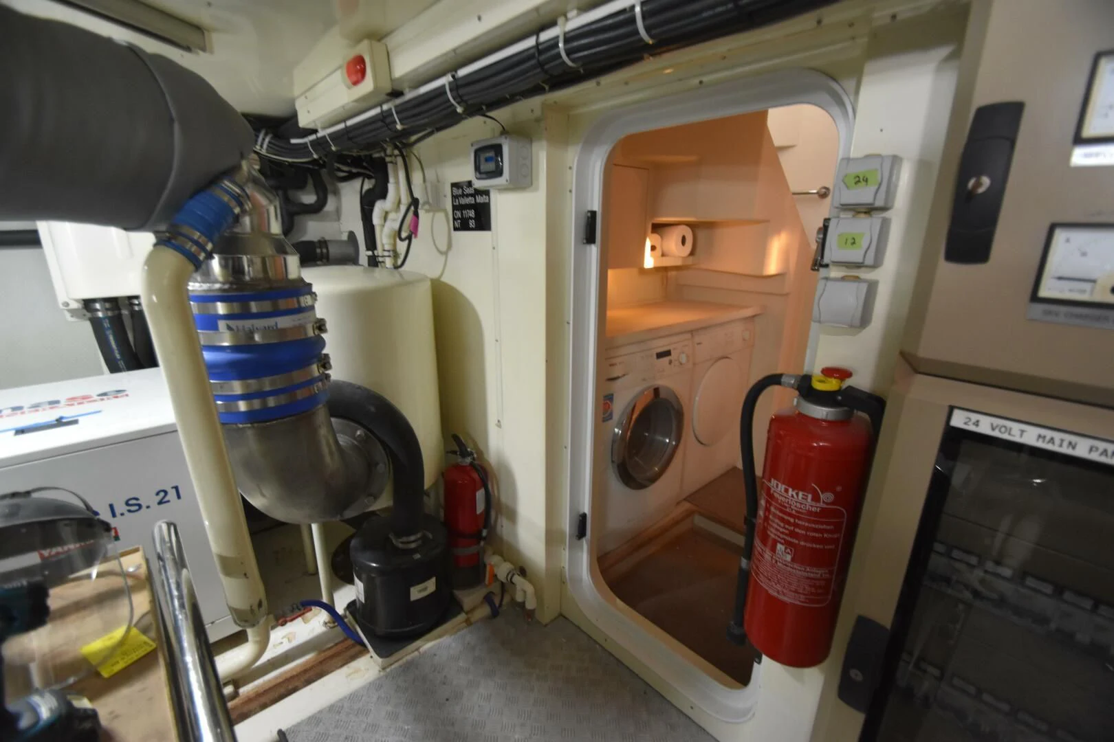 a machine with a red and blue object on the side aboard BLUE SEAS Yacht for Sale