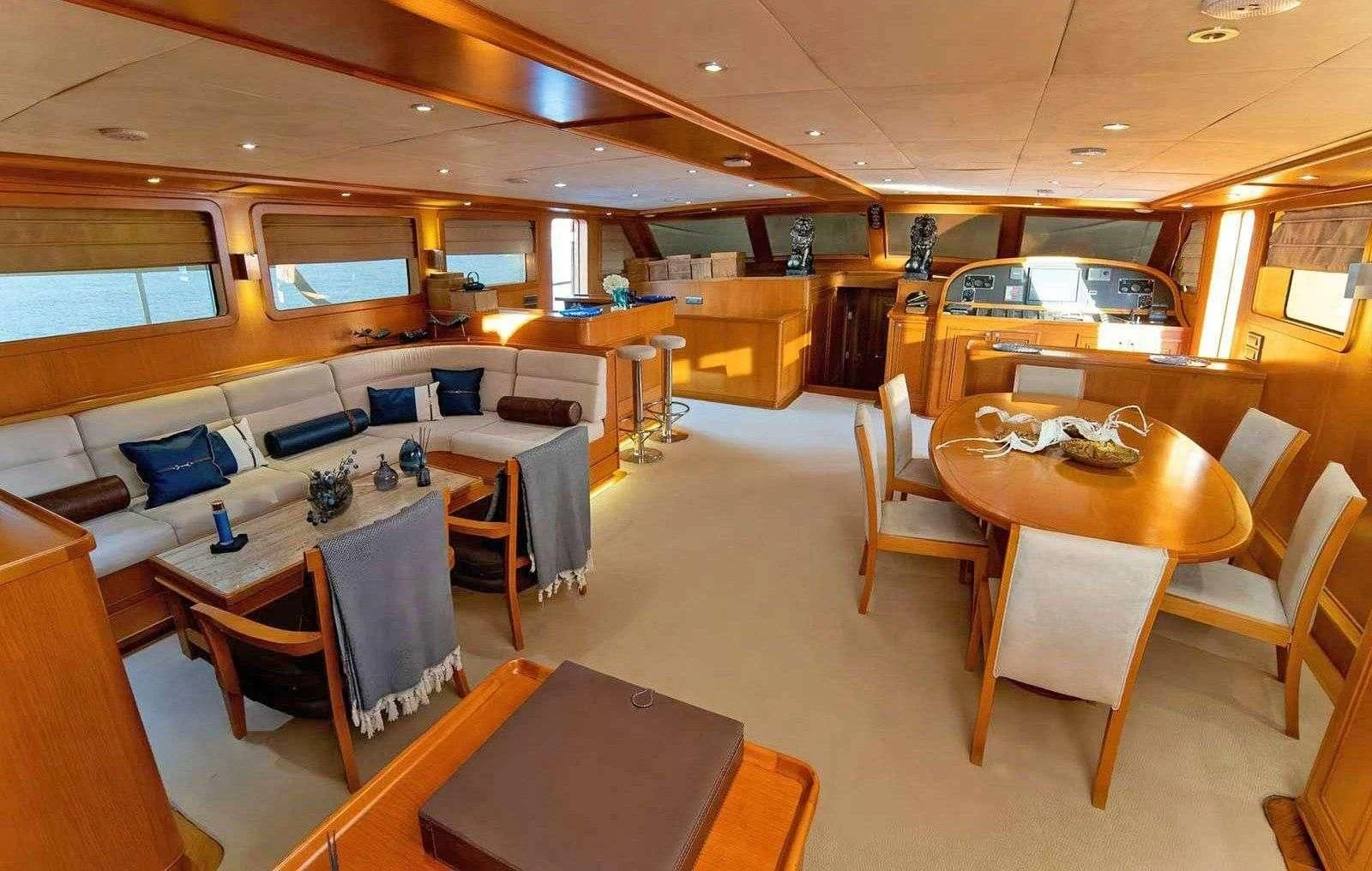 a room with tables and chairs aboard BABYLON Yacht for Sale