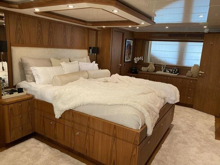a large bed in a room aboard MOCEAN Yacht for Sale