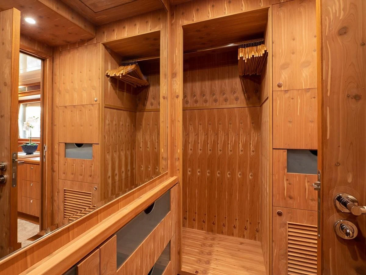 a wooden cabin with a wood deck aboard MOCEAN Yacht for Sale