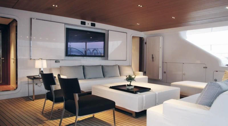a living room with a large screen aboard ROSEHEARTY Yacht for Charter