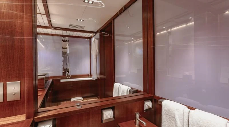 a bathroom with a mirror aboard ROSEHEARTY Yacht for Charter