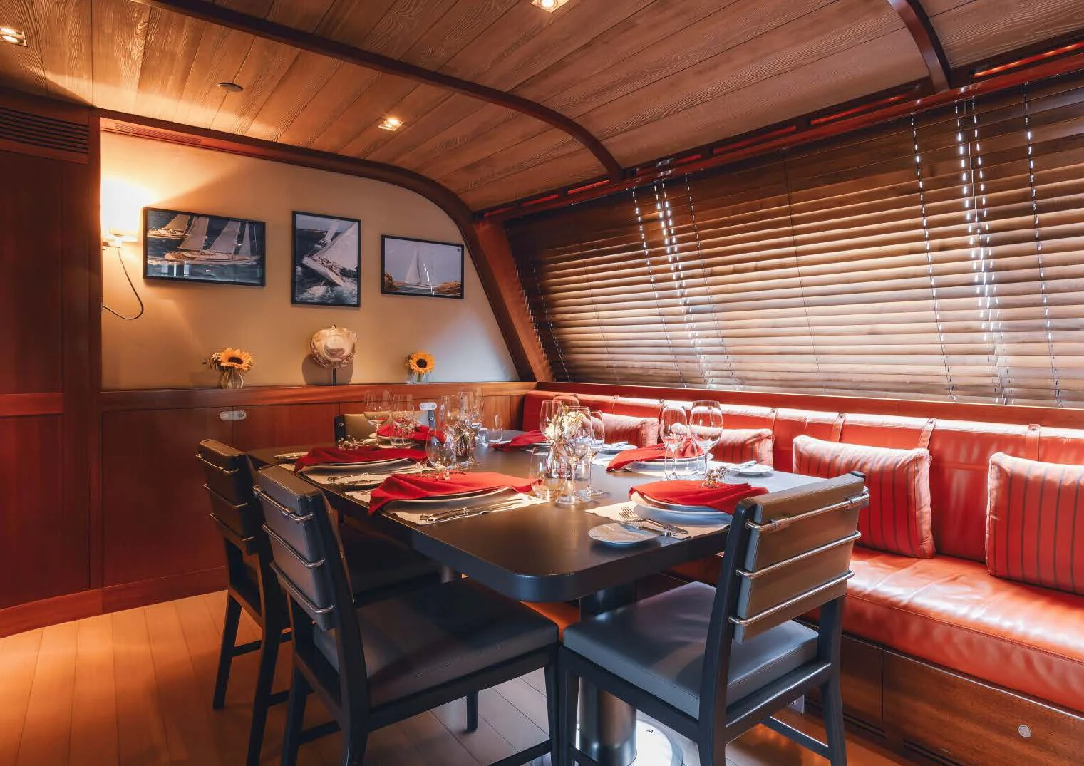 a dining table set for a meal aboard ROSEHEARTY Yacht for Charter