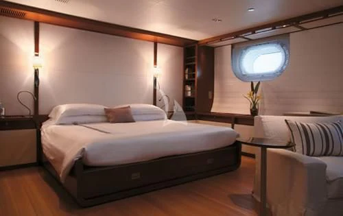 a bed in a room aboard ROSEHEARTY Yacht for Charter