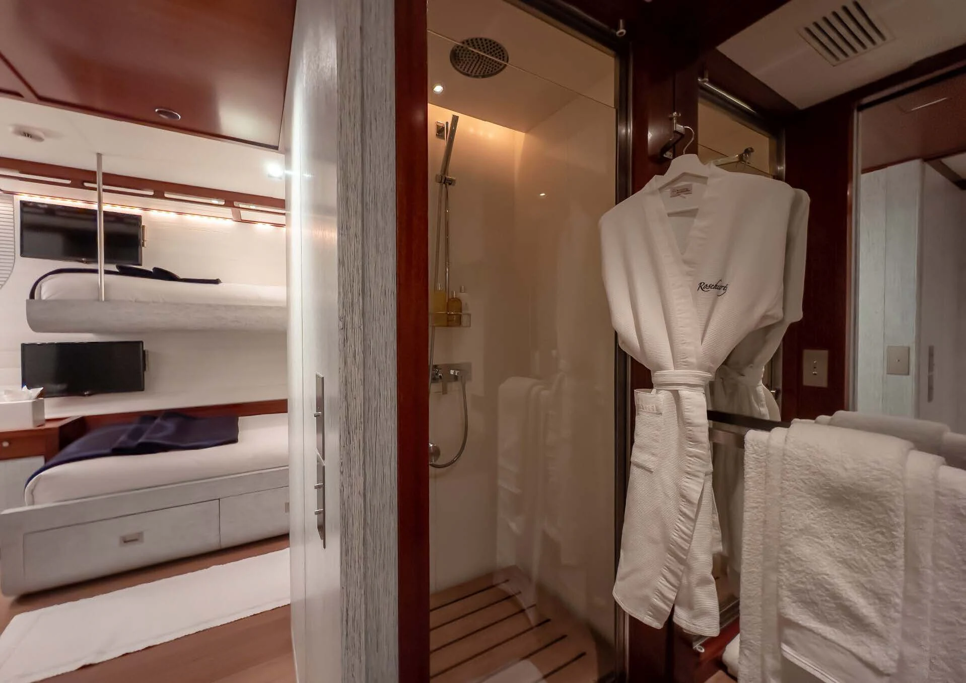 a bathroom with a white towel on the wall aboard ROSEHEARTY Yacht for Charter