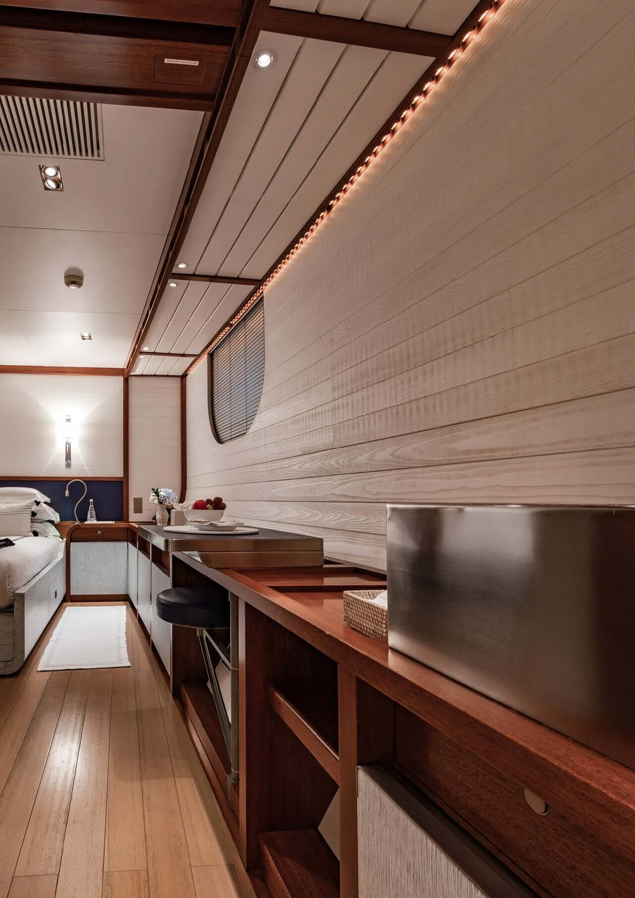 a kitchen with a wooden counter aboard ROSEHEARTY Yacht for Charter