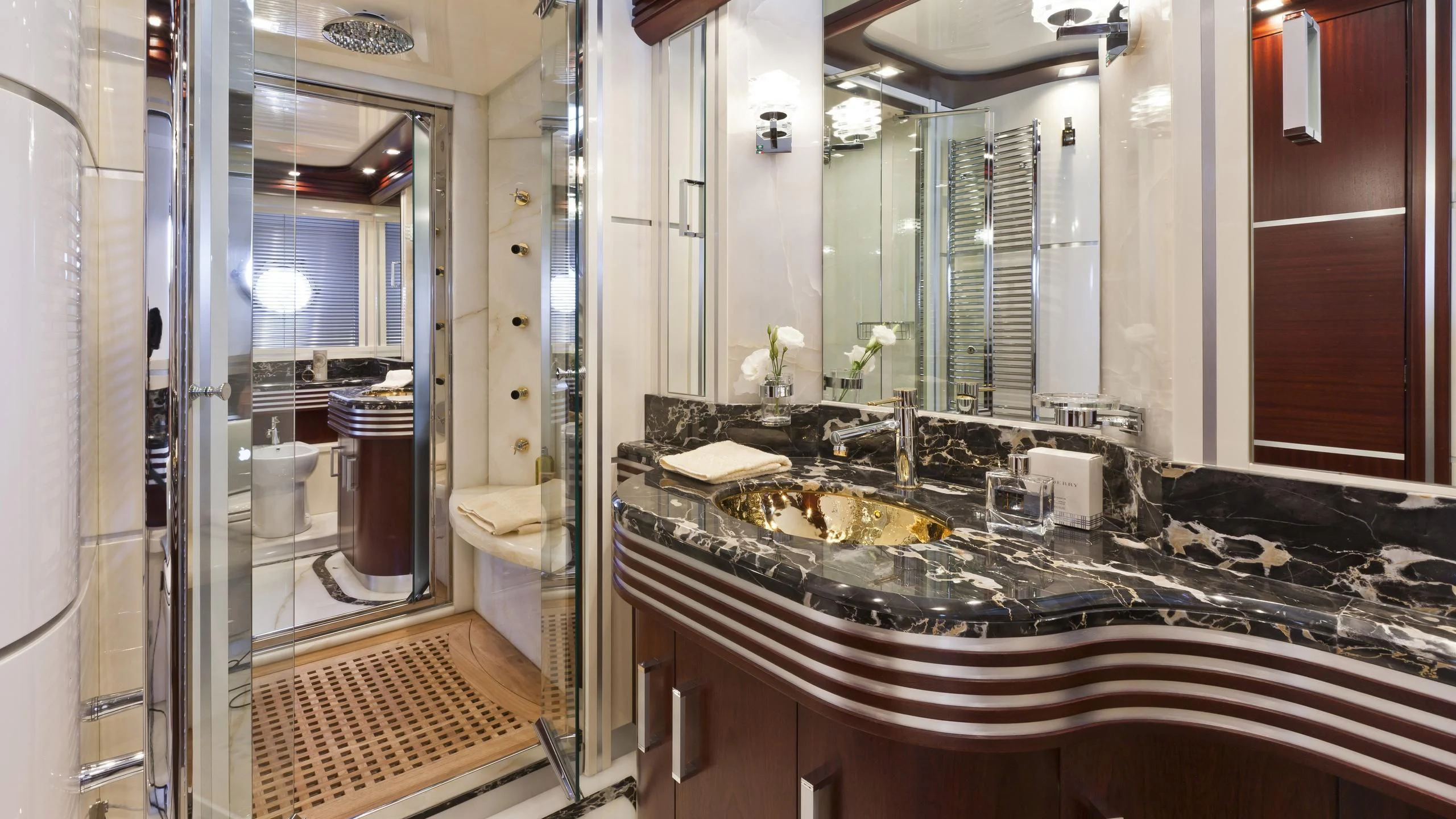a bathroom with a large countertop aboard NASEEM Yacht for Sale