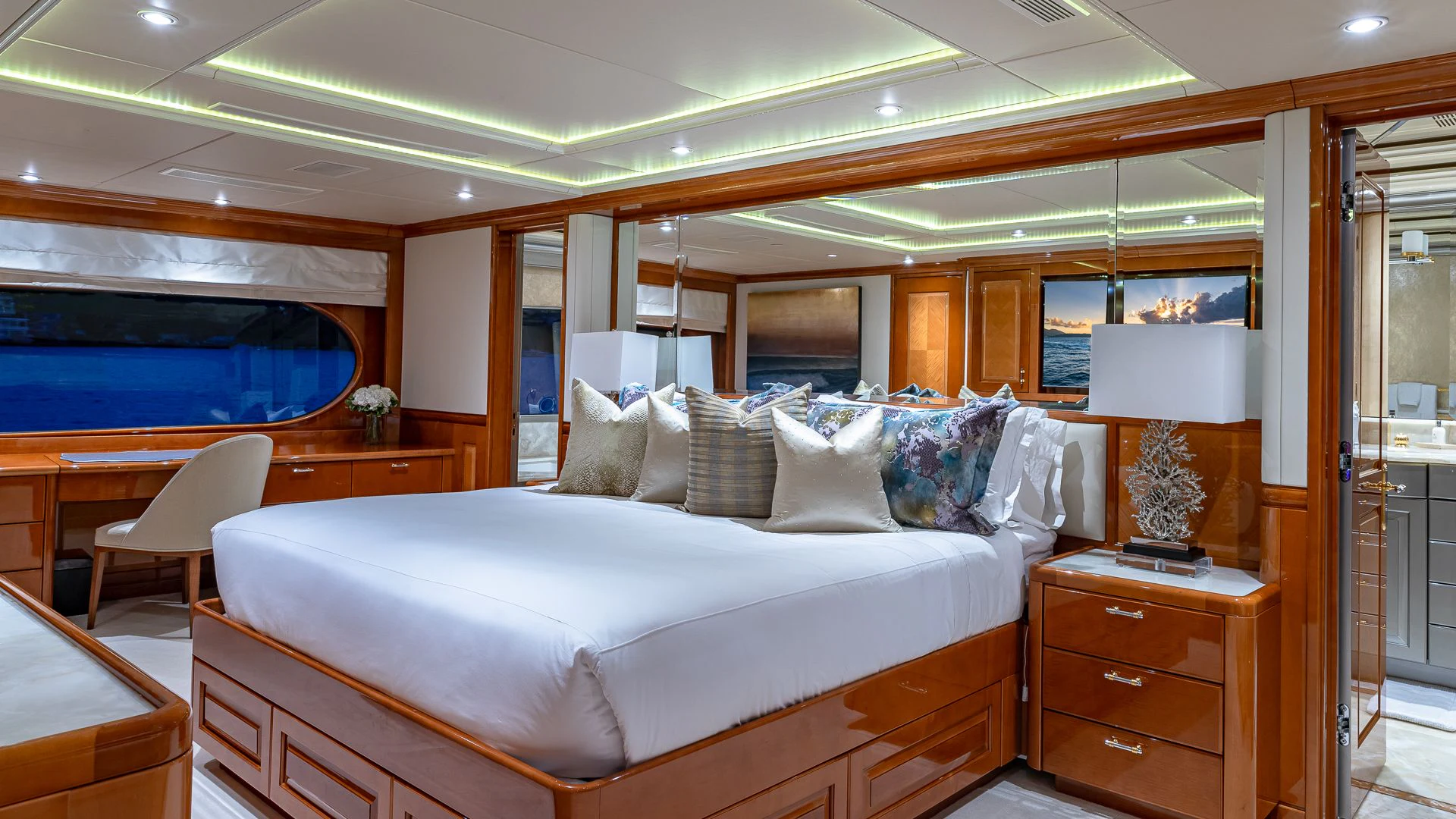 a bed in a room aboard MILESTONE Yacht for Sale