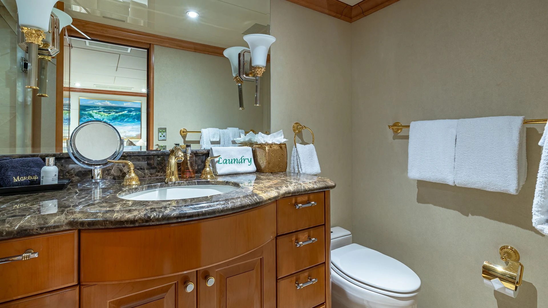 a bathroom with a sink and a toilet aboard MILESTONE Yacht for Sale