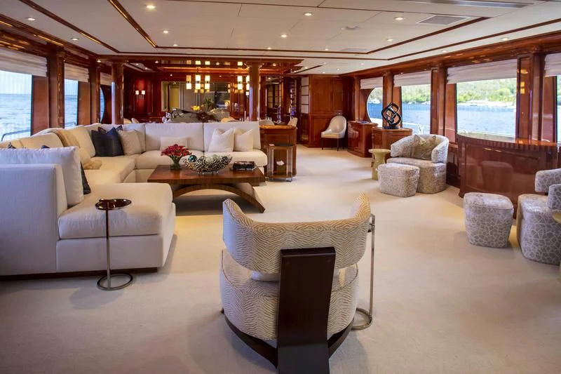 a living room with a large window aboard MILESTONE Yacht for Sale