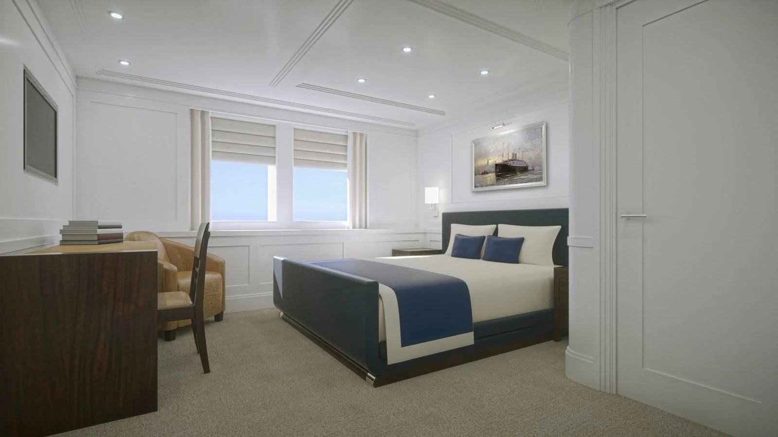 a bedroom with a bed and a desk aboard PROJECT MARLIN Yacht for Sale