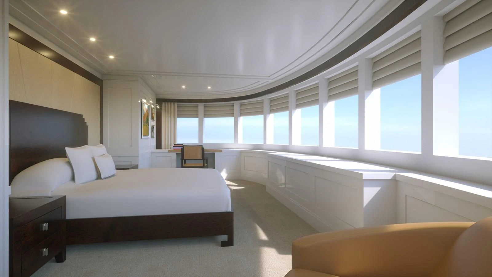a large bedroom with a large bed aboard PROJECT MARLIN Yacht for Sale