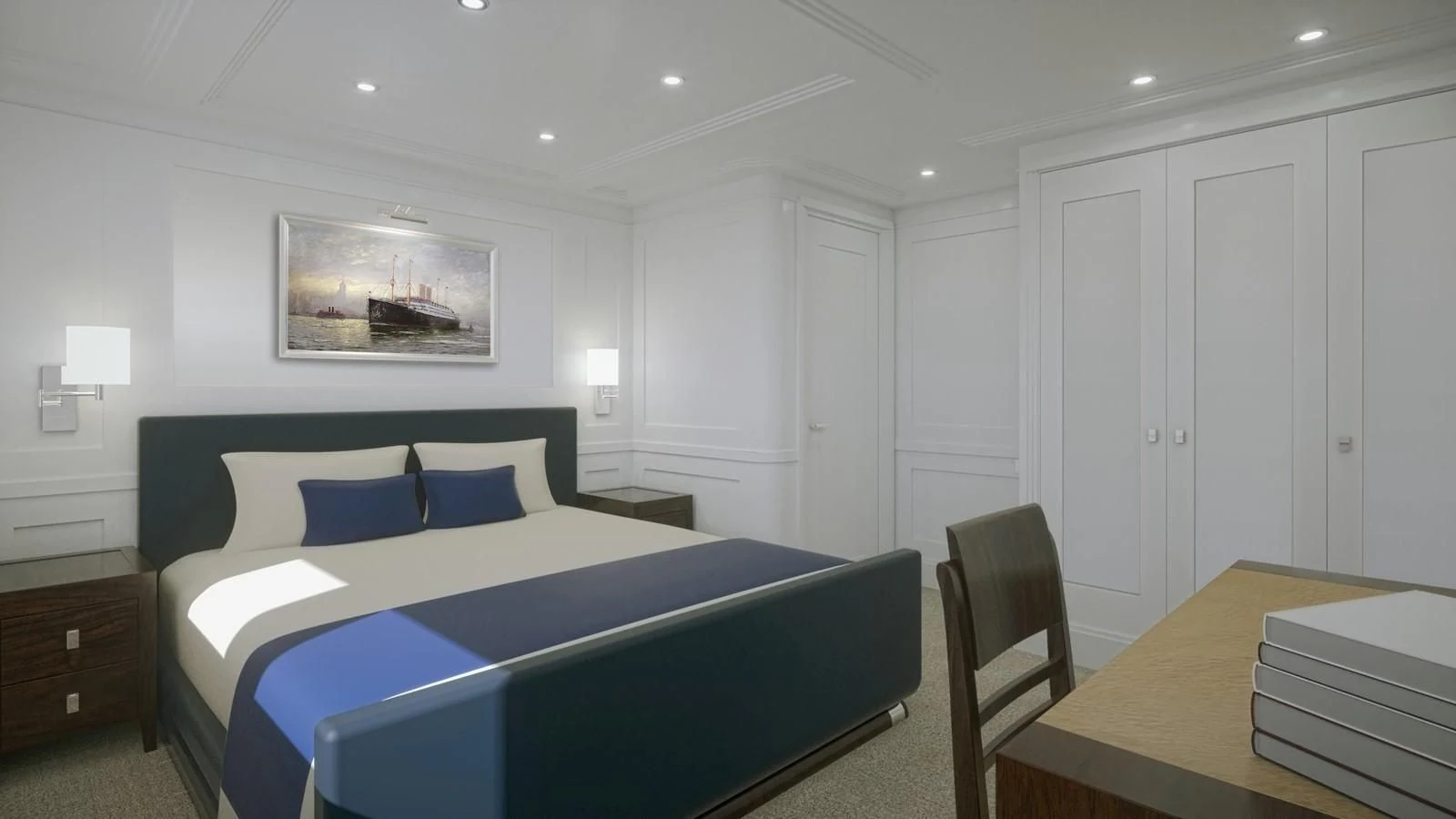 a bedroom with a bed and a desk aboard PROJECT MARLIN Yacht for Sale
