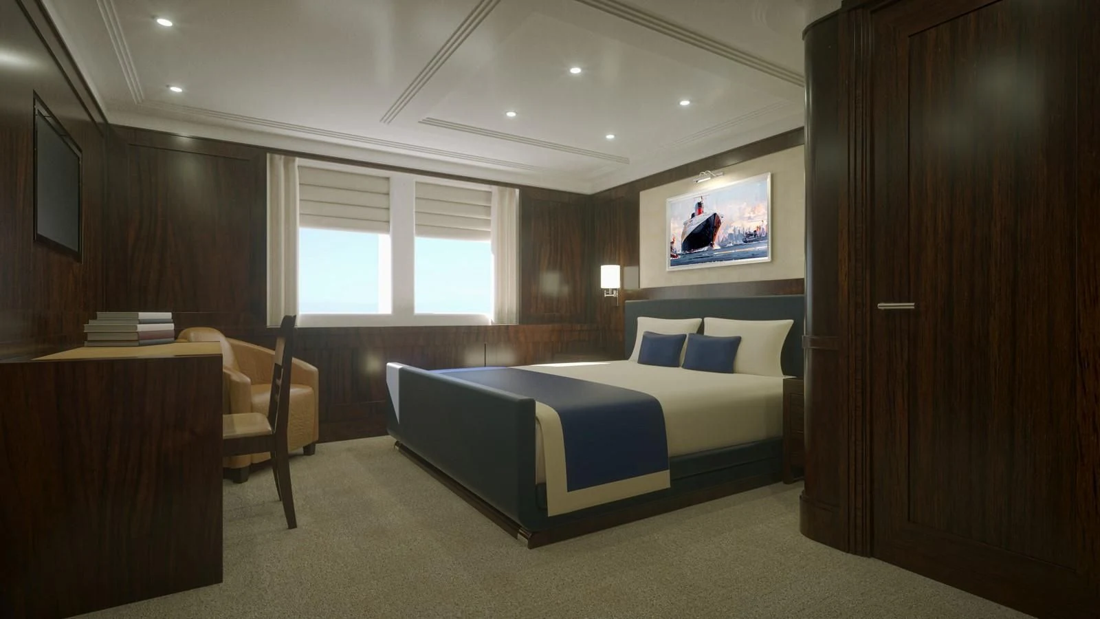 a room with a bed and a desk aboard PROJECT MARLIN Yacht for Sale