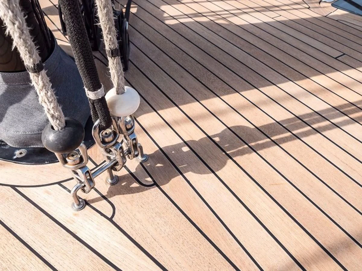 a metal piece of equipment on a wooden deck aboard KALINDA Yacht for Sale