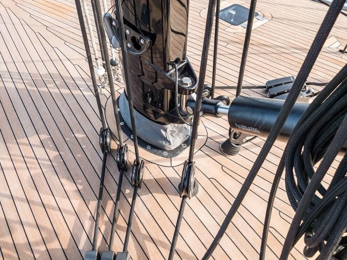 a machine on the wooden deck aboard KALINDA Yacht for Sale