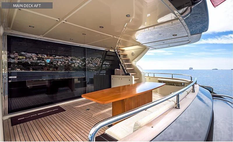 a deck with a view of the ocean and the deck aboard RUFF ONE II Yacht for Sale