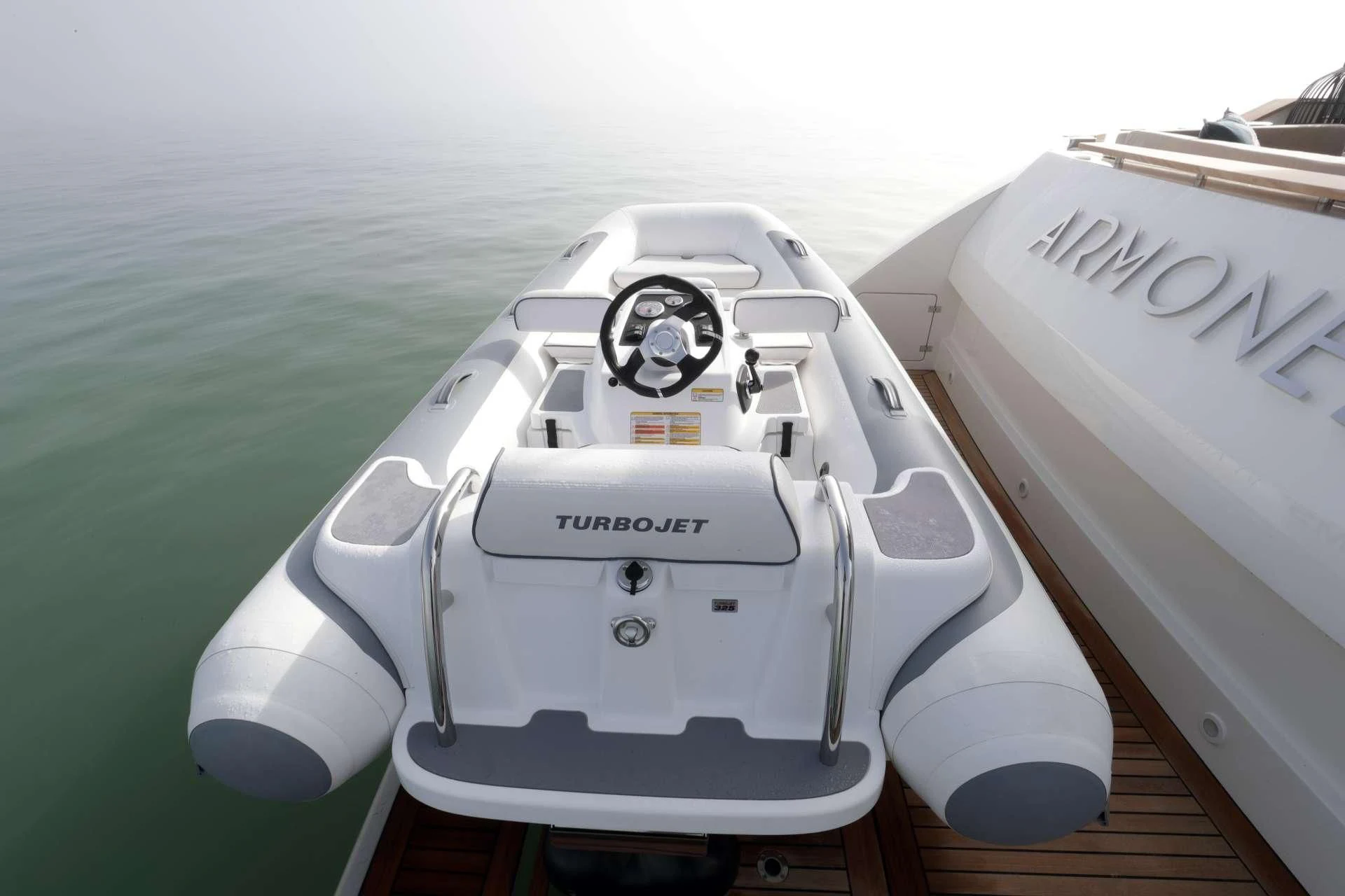 a space ship in the water aboard ARMONEE Yacht for Sale