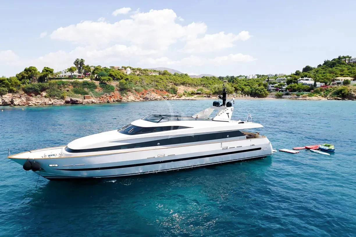 a white boat in the water aboard THEION Yacht for Sale