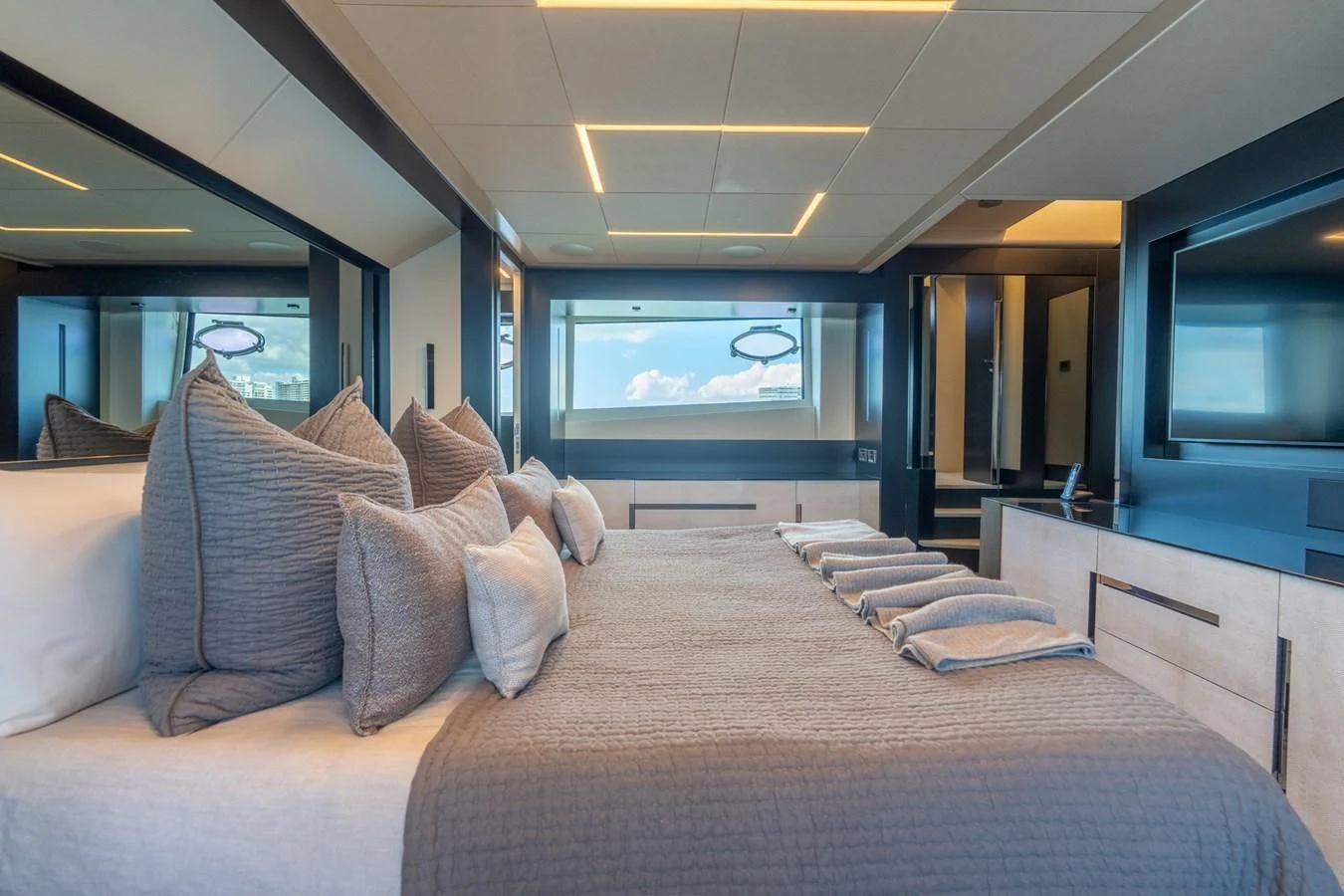 a large bed in a room aboard VINTAGE Yacht for Sale