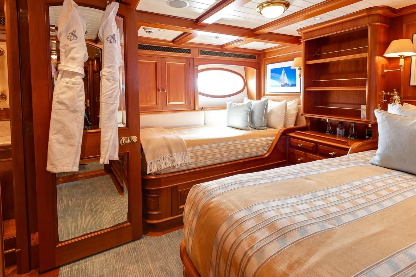 a room with two beds aboard HERMETICA Yacht for Sale