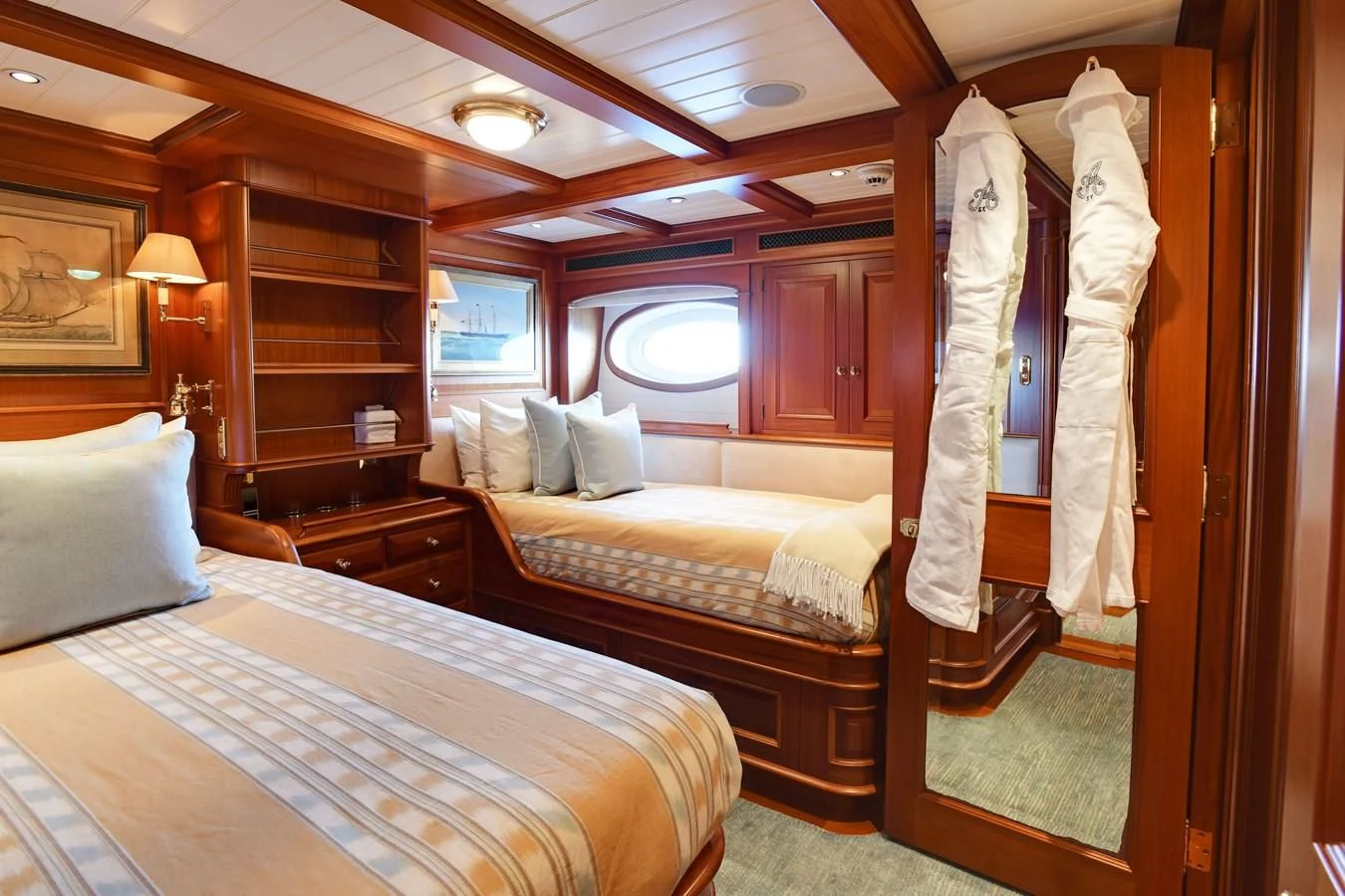 a room with two beds aboard HERMETICA Yacht for Sale