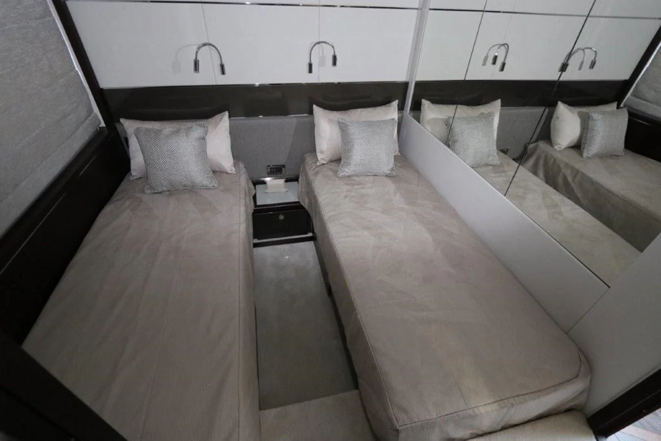 a room with two beds aboard HIDE OUT Yacht for Sale